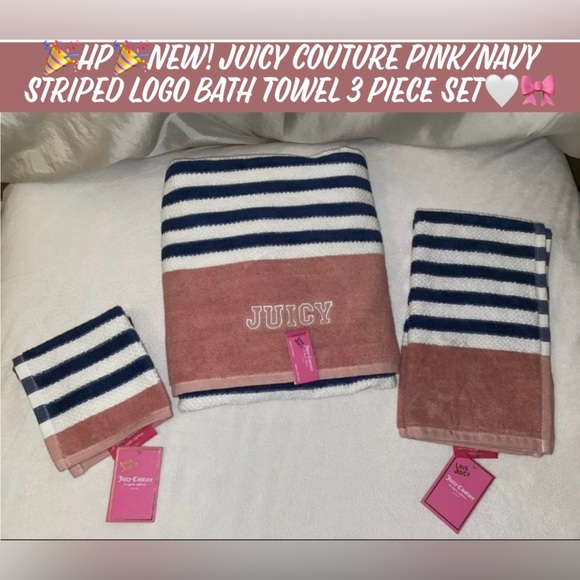 ๐HP๐New! Juicy Couture Pink/Navy Striped Logo Bath Towel 3 Piece Set๐ค๐ - Picture 10 of 10